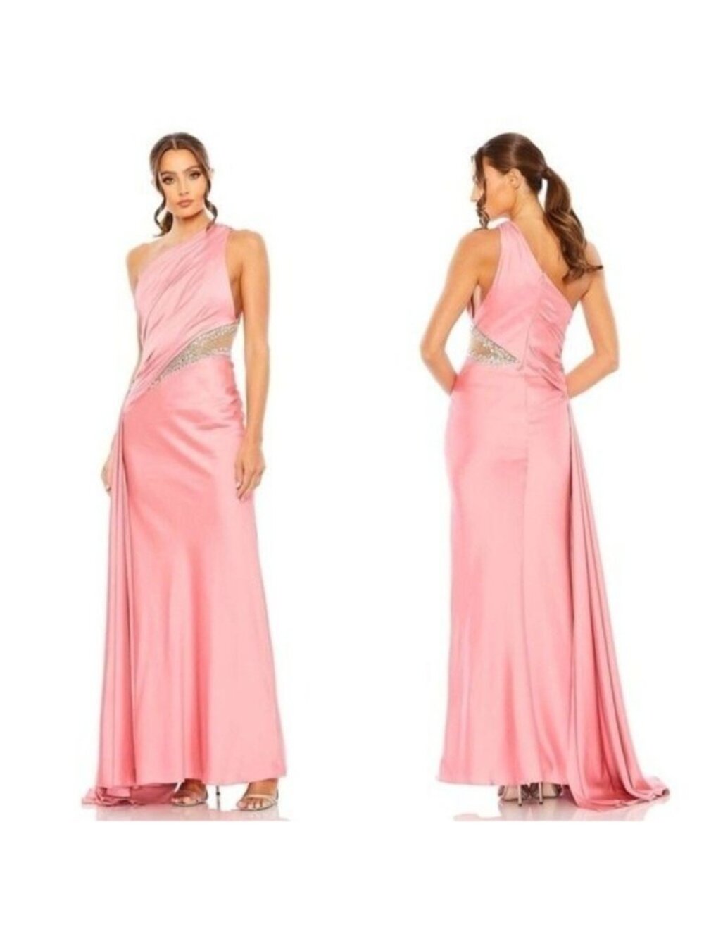 Mac Duggal Coral Pink One Shoulder Embellished Satin Gown Dress 2210 Size 6 NEW